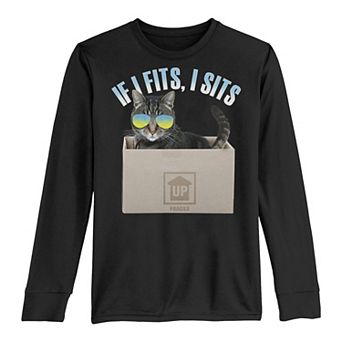 Boys 8-20 If I Fits I Sits Cat In A Box Long Sleeve Tee