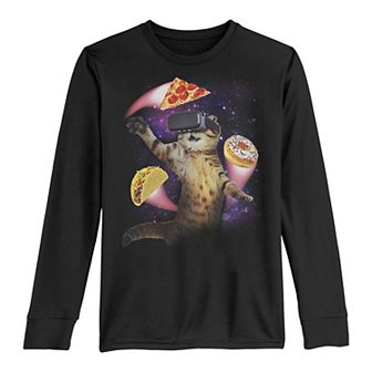 Boys 8-20 Virtual Reality Cat In Space Portrait Long Sleeve Tee