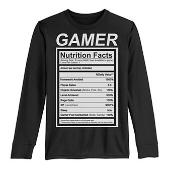 Boys 8-20 Gamer Nutrition Facts Funny Long Sleeve Tee