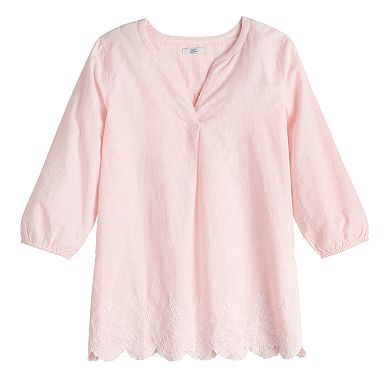 Women's Croft & Barrow® Scallop-Hem Splitneck Embroidered Top