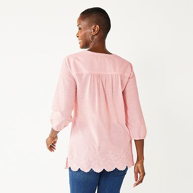 Women's Croft & Barrow® Scallop-Hem Splitneck Embroidered Top