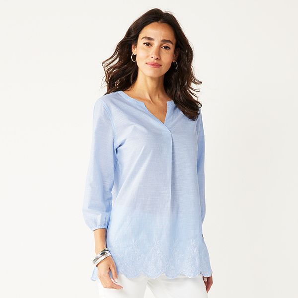 Women's Croft & Barrow® Scallop-Hem Splitneck Embroidered Top