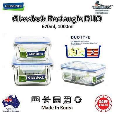 Glasslock Duo 3 Piece Clear Glass Microwave Safe Divided Food Storage Containers