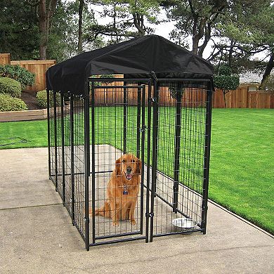 Lucky Dog Uptown Large Outdoor Covered Kennel Secure Fenced Pet Dog Crate, Black