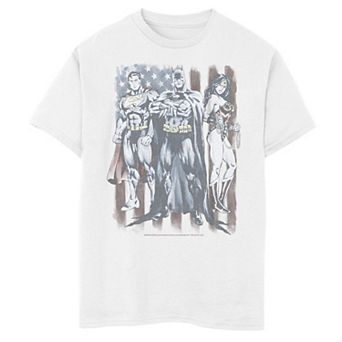 Boys 8-20 DC Comics Justice League Trio Flag Background Portrait Tee