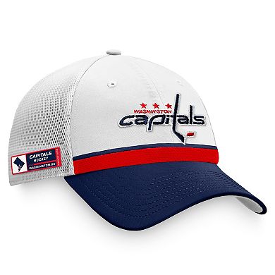 Men's Fanatics Branded White/Navy Washington Capitals 2021 NHL Draft Authentic Pro On Stage Trucker Snapback Hat