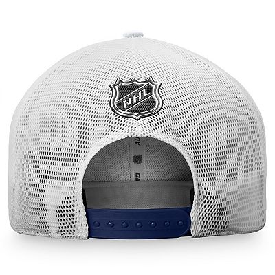 Men s Fanatics Branded White Navy Washington Capitals 2021 NHL Draft Authentic Pro On Stage Trucker Snapback