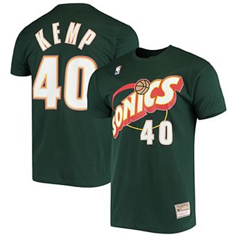 Men's Mitchell & Ness Shawn Kemp Green Seattle SuperSonics Hardwood Classics Stitch Name & Number T-Shirt