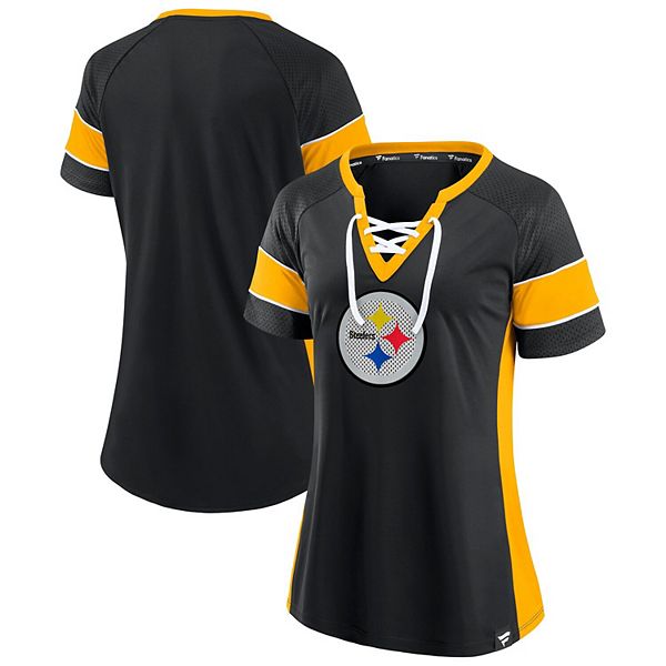 Women S Fanatics Black Gold Pittsburgh Steelers Team Draft Me Lace Up Raglan T Shirt