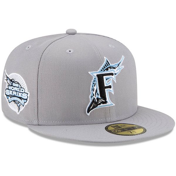 Men's New Era Gray Florida Marlins 2003 World Series Champions Cooperstown  Collection Sky Blue Undervisor 59FIFTY Fitted Hat
