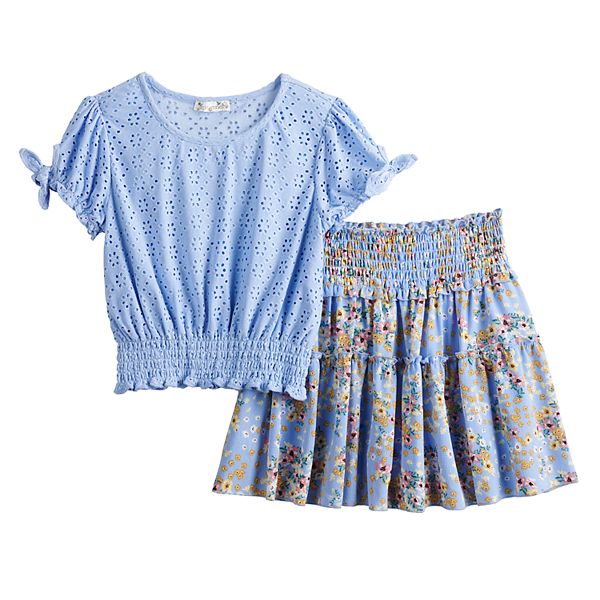Girls Cotton Smocked Top and Printed Skirt 2-Piece Outfit Set main image 0