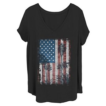 Juniors' Plus Size Faded American Flag And Palm Trees Graphic Tee