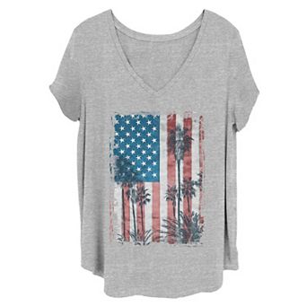 Juniors' Plus Size Faded American Flag And Palm Trees Graphic Tee