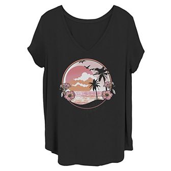 Juniors' Plus Size Tropical Beach Sunset Tee