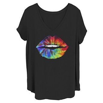 Juniors' Plus Size Tie Dye Splashed Lips Tee