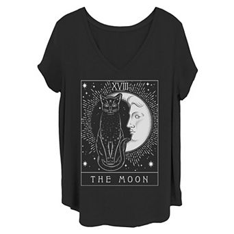 Juniors' Plus Size Tarot Card Crescent Moon & Cat Flowy Graphic Tee