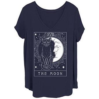 Juniors' Plus Size Tarot Card Crescent Moon & Cat Flowy Graphic Tee
