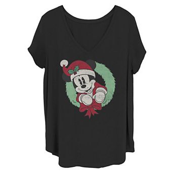 Disney's Mickey Mouse Juniors' Plus Christmas Wreath Santa Hat Portrait Tee