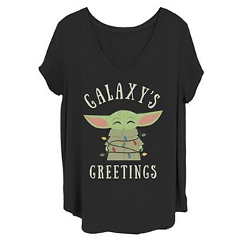 Juniors' Plus Star Wars The Mandalorian The Child Galaxy's Greetings Text Tee