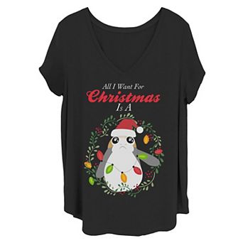 Juniors' Plus Star Wars Porg All I Want Christmas Holiday Tee