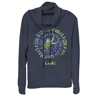 Juniors' Marvel Loki Spiral Quote Cowlneck Graphic Lightweight Long Sleeve