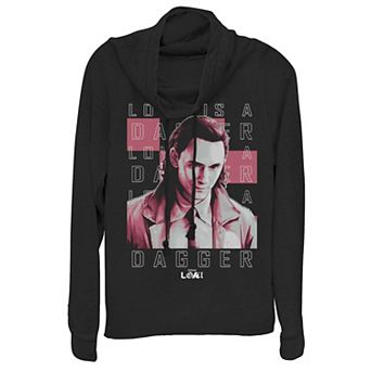 Juniors' Marvel Loki Love Is A Dagger Quote Cowlneck Graphic Lightweight Long Sleeve