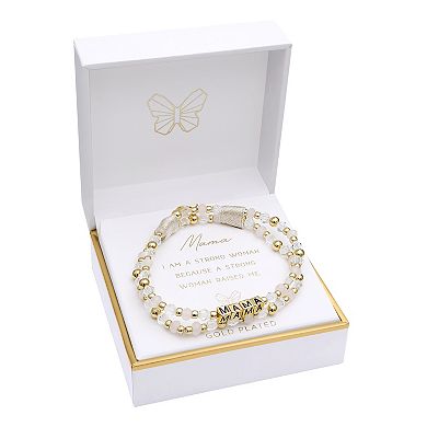 Crystal & 18k Gold Plated Bead "Mama" Stretch Bracelet Duo Set