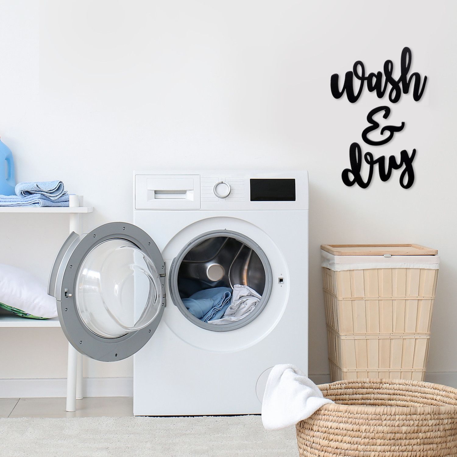 Easily enhance the look of the walls in your laundry room with peel-and-stick wall decals.