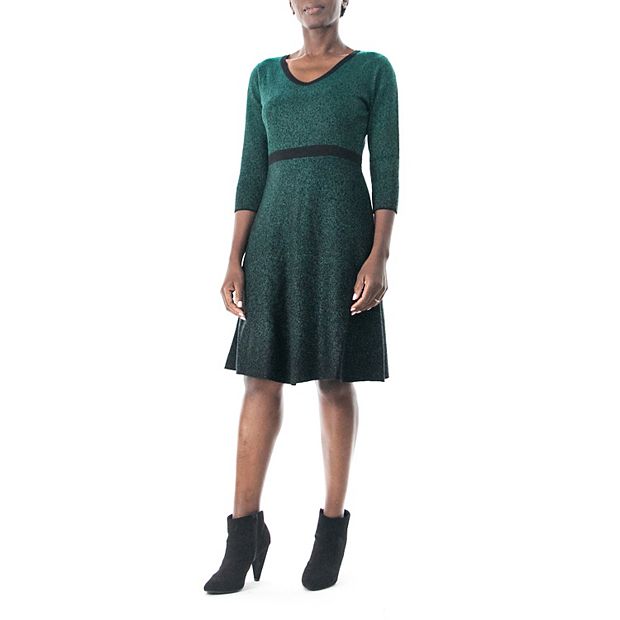 Nina Leonard Sweater Dress Black Green Fit & Flare 3/4 Sleeve Women Small