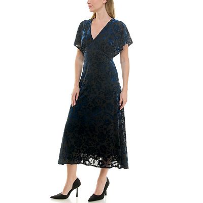 knee length dresses for ladies Navy Faux Wrap Flounce Sleeve Floral Midi Dress – LoveLindsey main image 1