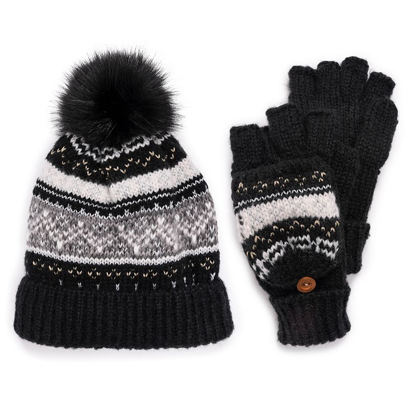 Isotoner Black Women's Chenille Snowflake Hat with Faux Fur Pom