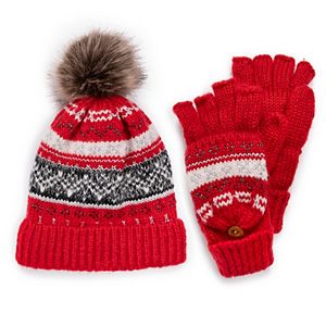 Girls Personality 3 Piece Knit Cuffed Pom Beanie Scarf & Gloves Set 4 Colors