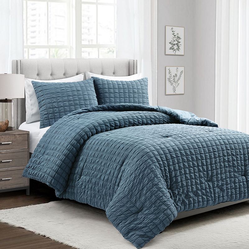 Lush Decor Crinkle Textured Dobby Comforter Set with Shams, Blue, Full/Quee