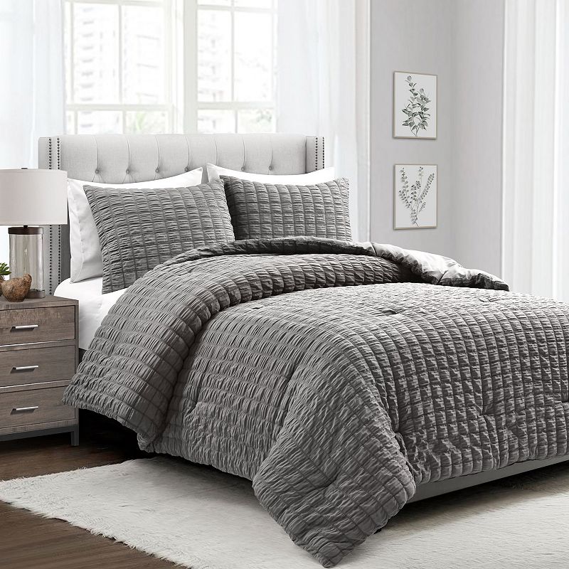 Lush Decor Crinkle Textured Dobby Comforter Set with Shams, Grey, Full/Quee