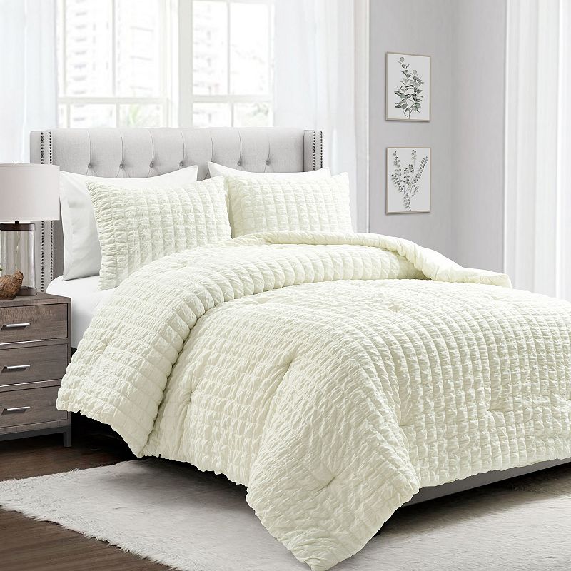 Lush Decor Crinkle Textured Dobby Comforter Set with Shams, Beig/Green, Ful