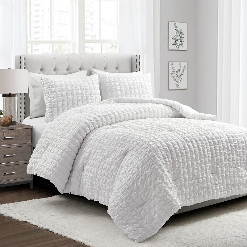 Lush Decor Crinkle Textured Dobby Comforter Set with Shams, White, Full/Que