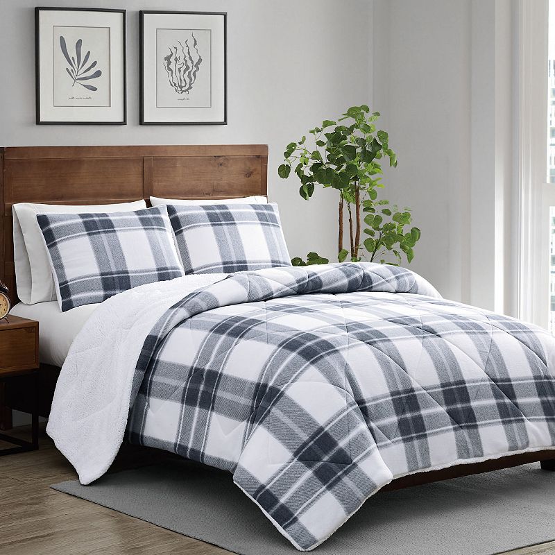 Cannon Cozy Teddy Plaid Comforter Set with Shams, Blue, Full/Queen
