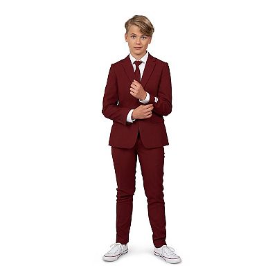 Boys 10 16 OppoSuits Blazing Burgundy Solid Jacket Pants Tie Suit Set