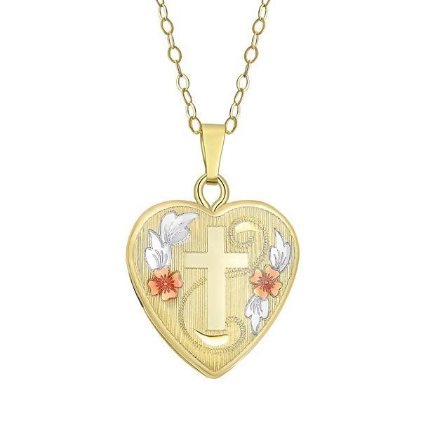 Charming Girl 14k Gold Cross Heart Locket Necklace