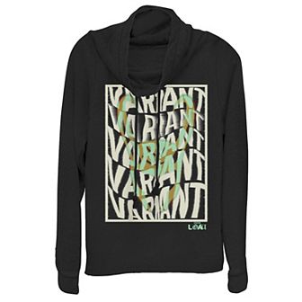 Juniors' Marvel Loki Variant Word Stack Square Loki Horns Cowlneck Graphic Lightweight Long Sleeve