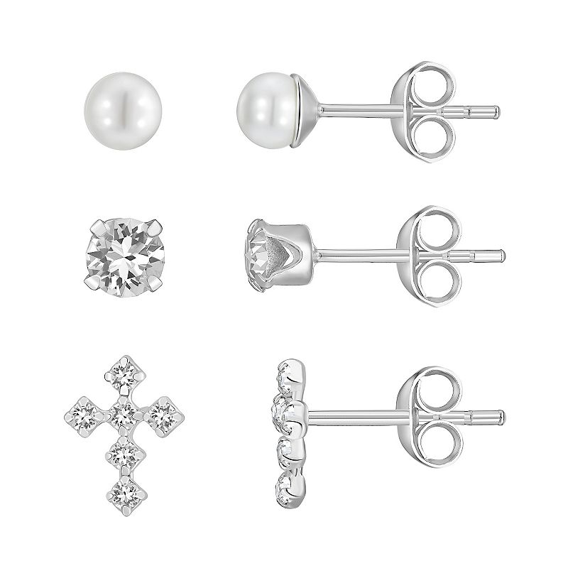 Charming Girl Sterling Silver 3 Pair Pearl, Crystal & Cross Stud Earring Se