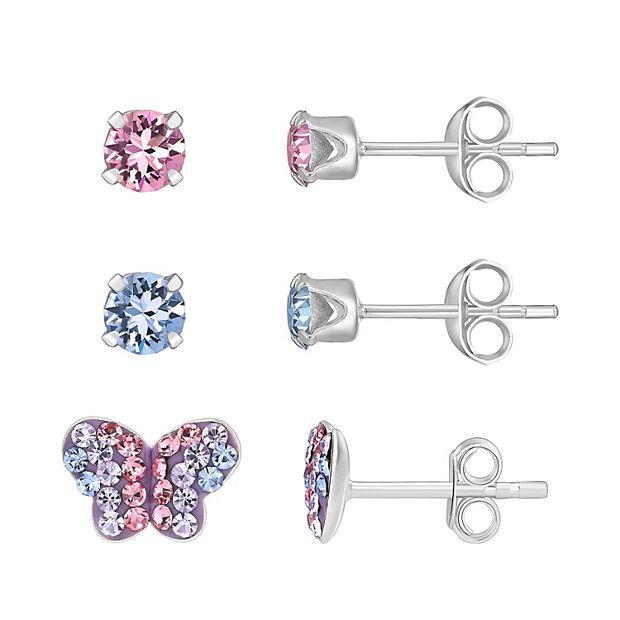 Charming Girl Sterling Silver 3 Pair Crystal Stud Butterfly