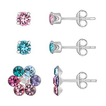 Charming Girl Kids' Sterling Silver 3 Pair Pink & Blue Crystal Stud & Flower Earring Set