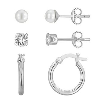 Charming Girl Sterling Silver 3 Pair Crystal Stud, Pearl & 15 mm Hoop Earring Set