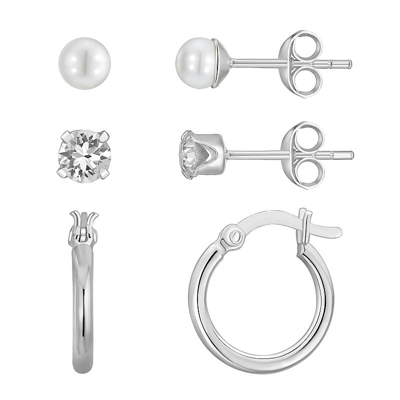 Charming Girl Sterling Silver 3 Pair Crystal Stud, Pearl & 15 mm Hoop Earri