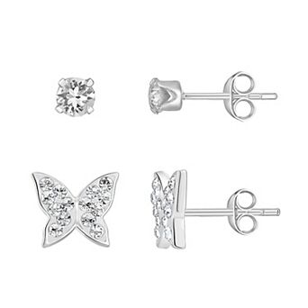 Charming Girl Kids' Sterling Silver Crystal Stud & Butterfly Earring Set