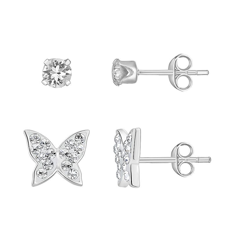 Charming Girl Sterling Silver Crystal Stud & Butterfly Earring Set, Girls,