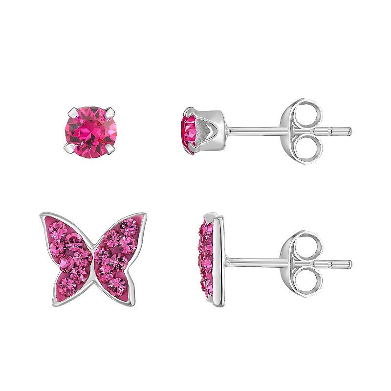 Charming Girl Sterling Silver 2 Pair Pink Crystal Stud & Butterfly Earring 