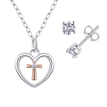 Charming Girl Kids' Two-Tone Sterling Silver Heart Necklace & Cubic Zirconia Stud Earring Set