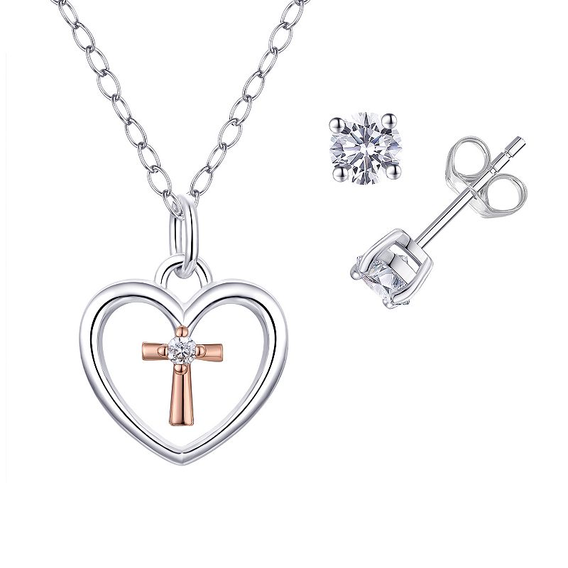 Charming Girl Two-Tone Sterling Silver Heart Necklace & Cubic Zirconia Stud